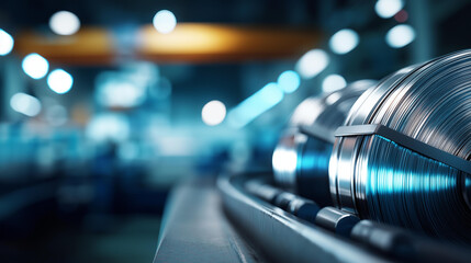 Coiled shiny metal sheets ready for processing heavily defocused manufacturing area background industry metalwork or material processing themes fabrication material inventoryt