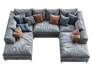 Plush gray sectional sofa with colorful throw pillows, black background