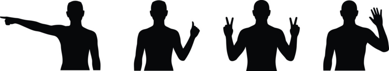 Human silhouette hand gesture set pointing counting victory greeting isolated black figures communication body language icons sign symbols people collection