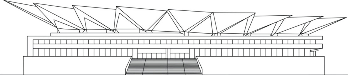 Modern stadium architecture line illustration, sports arena exterior design, contemporary building structure, urban landmark, minimal black and white vector © Akhi's orld