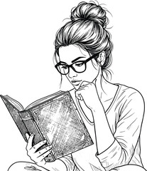 Woman Reading Book Line Art Illustration , Black and White Hand-Drawn Sketch of Thoughtful Female Student Studying