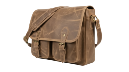 Isolated leather messenger bag with shoulder strap for carrying office or school essentials