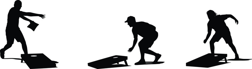 Silhouette cornhole players throwing bean bags outdoor game sequence isolated on white background competitive backyard leisure activity summer fun sport