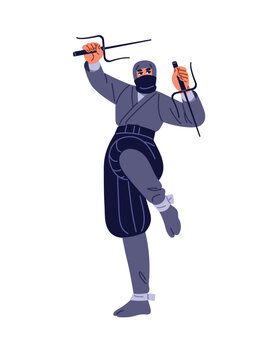 Ninja in costume holds two manji sai. Shinobi stands in attack pose with blades. Samurai with mask and knives. Ancient Japanese warrior, fighter with weapon. Flat isolated vector illustration on white