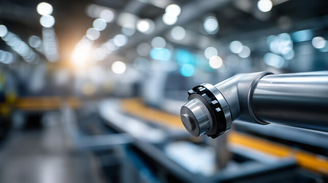 Close up of industrial metal pipe with elbow joint heavily defocused modern factory setting background plumbing component display manufacturing infrastructure detailt with