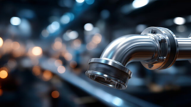 Close up of industrial metal pipe with elbow joint heavily defocused modern factory setting background plumbing component display manufacturing infrastructure detailt with