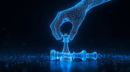 Glowing blue hand moves chess piece on board with fallen king
