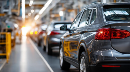 Automotive manufacturing line of vehicles heavily defocused background automobiles in various stages of completion showcasing assembly process industrial production