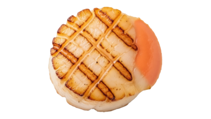 Isolated single cooked scallop with roe section, grill marks, seafood delicacy offering