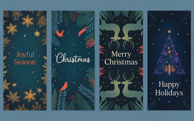 Four festive Christmas greeting cards with winter motifs