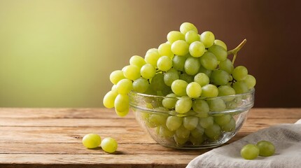 Fresh green grapes in glass bowl on rustic wooden table
