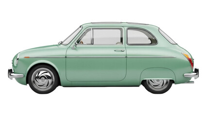 Isolated side view of a vintage turquoise car, classic transportation, auto vehicle icon