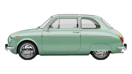 Isolated side view of a vintage turquoise car, classic transportation, auto vehicle icon