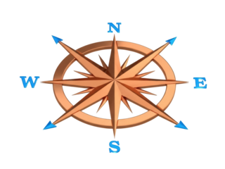 Isolated navigation wind rose compass pointing in every direction for orientation finding aid