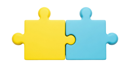 Isolated Two Puzzle Pieces Connected Together in Yellow and Blue Colors, Symbol of Unity, Concept