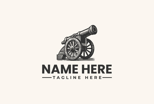 A vector illustration of a historic cannon with customizable text fields for a logo or brand identity on a neutral background.
