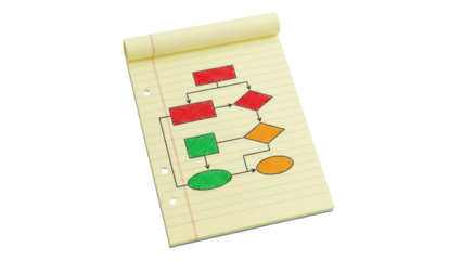 Isolated notebook with business flowchart drawing showing decision-making process workflow