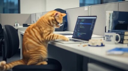 Cat programmer diligently coding on laptop wearing professional glasses.