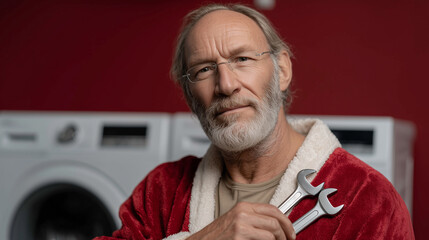 Santa Claus with Tools and Washing Machine on Gray Background