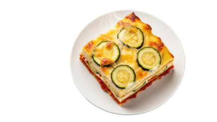 Isolated vegetable lasagna with zucchini on a plate, delicious Italian dish, healthy food