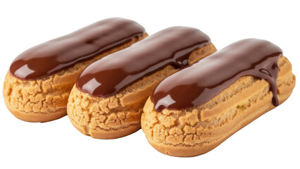Isolated eclairs in a row with chocolate glaze, sweet dessert treats, no background