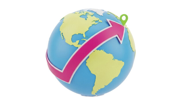 Isolated world globe graphic animation with red arrow indicating global destinations - Powered by Adobe