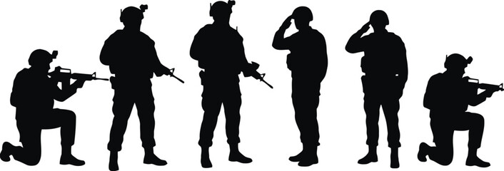 Set of Soldiers Silhouettes with Rifles in Various Poses