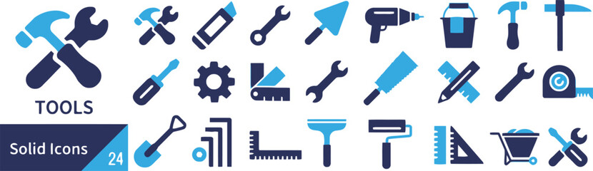 Set of tools solid vector icons in blue color