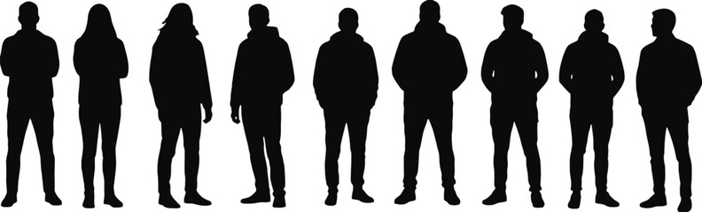 Set of Various Silhouettes of People Wearing Hoodies Standing