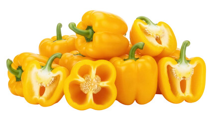 Isolated yellow bell peppers with and without seeds, close-up on a group of cut vegetables