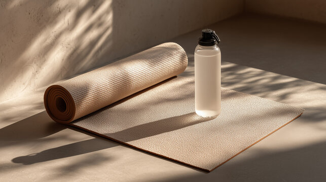 minimal yoga mat and water bottle in soft sunlight, calm wellness still life with yoga mat, mindful fitness concept with yoga mat and hydration
