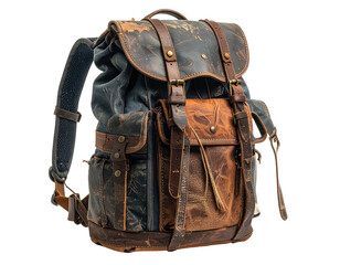 Rugged, weathered backpack with leather straps and multiple compartments