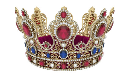 Isolated ornate golden crown with red rubies and blue sapphires royal symbol of power
