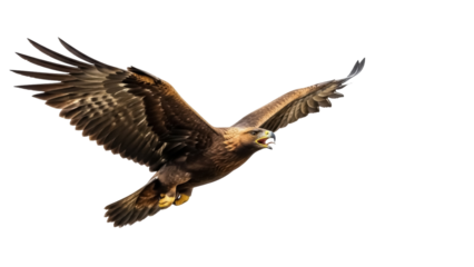 Isolated Golden Eagle, Majestic Bird of Prey Soaring with Wings Spread Wide on Clear Sky