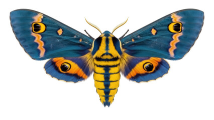 Isolated colorful emperor moth with striking blue and yellow pattern on its wings spread out © Ivan