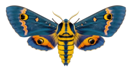 Isolated colorful emperor moth with striking blue and yellow pattern on its wings spread out