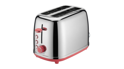 Isolated toaster for toast bread, polished chrome metal and red accents, kitchen appliance