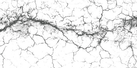 Cracked dry earth surface with dark grey lines and speckles on white background texture