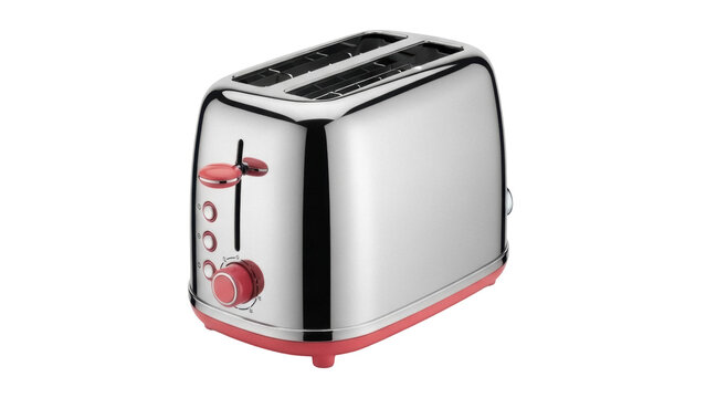 Isolated toaster for toast bread, polished chrome metal and red accents, kitchen appliance