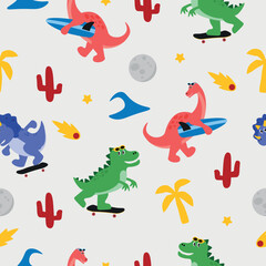 Seamless vector pattern of dinosaurs and aliens skating and surfing © Ghani