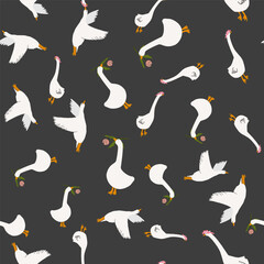 Seamless goose pattern vector illustration in a flat, minimalistic style. Simple clean shapes and modern design. Suitable for textile
