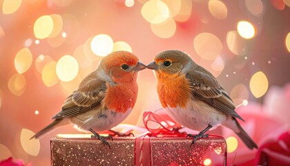 Two adorable robins sharing a tender moment on a gift box with festive bokeh lights.
