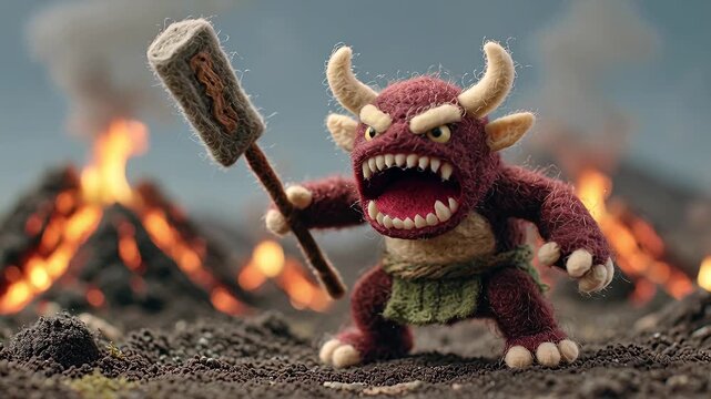 Fierce Claymation Monster with Club in Volcanic Landscape.