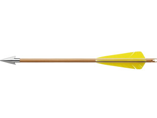 Isolated medieval arrow weapon with a sharp arrowhead and bright yellow fletching