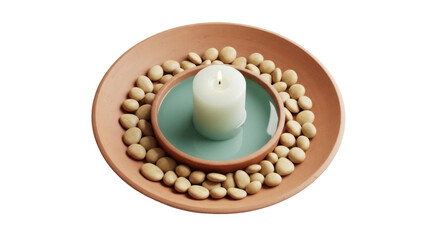 Isolated still life of candle, smooth stones in shallow dishes for meditation or décor