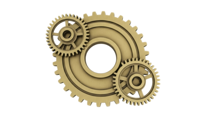 Isolated three mechanical cogwheels in a flat design, brass construction, 3d rendering
