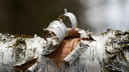 Birch tree log with peeling bark texture in natural forest