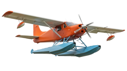 Isolated orange floatplane with pontoons on a neutral backdrop, ready for water takeoff