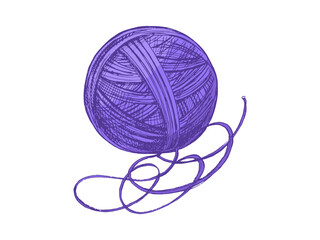 Hand drawn vintage sketch of purple yarn ball with swirling thread, isolated vector illustration on white background