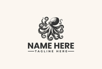 Black and white vector illustration of an octopus logo with placeholder text on a beige background. © vectorvovdesign